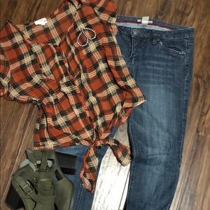 Refuge Jeans Sz. 11 + Plaid Silky Blouse